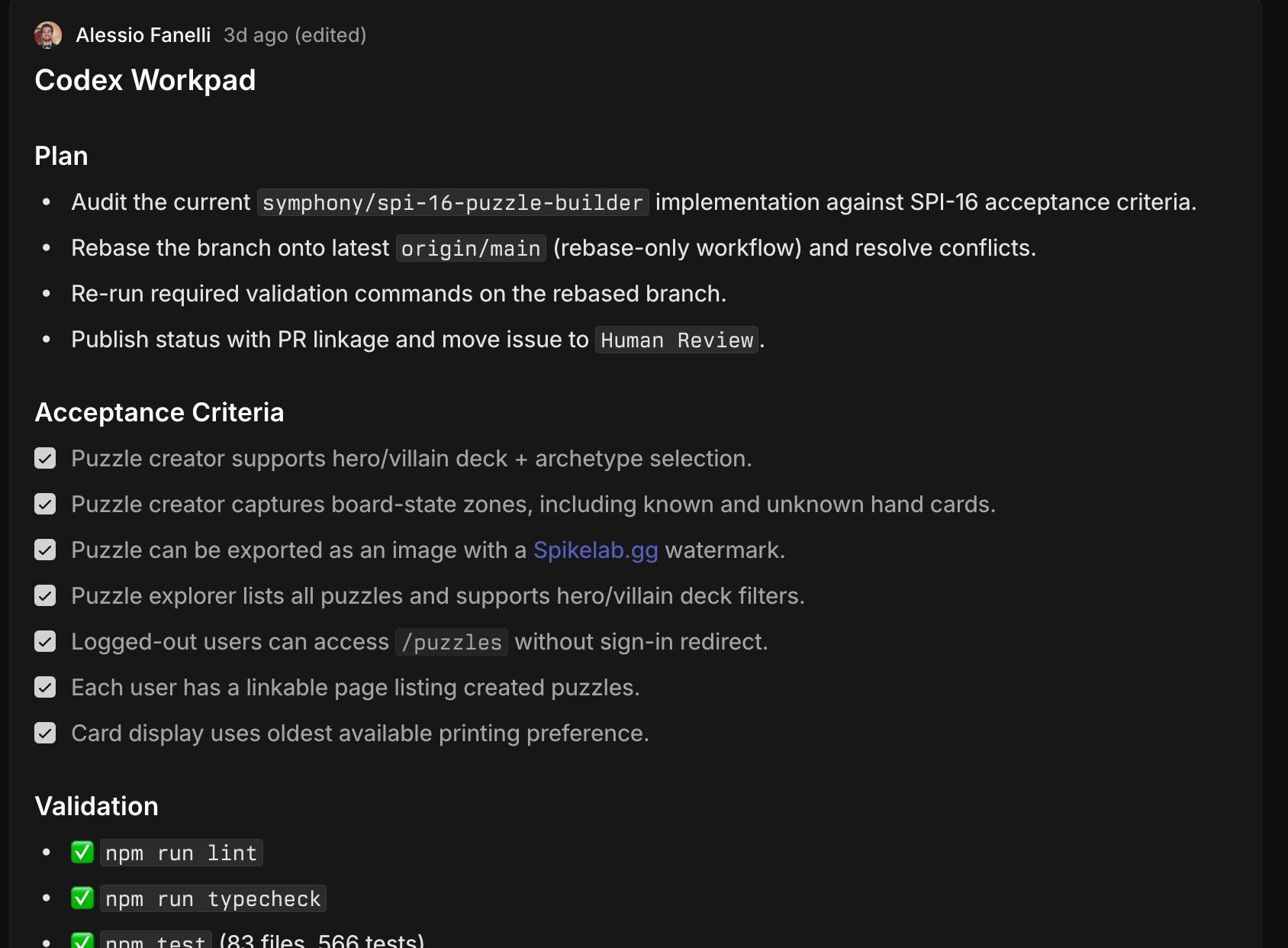 Codex Workpad comment in Linear